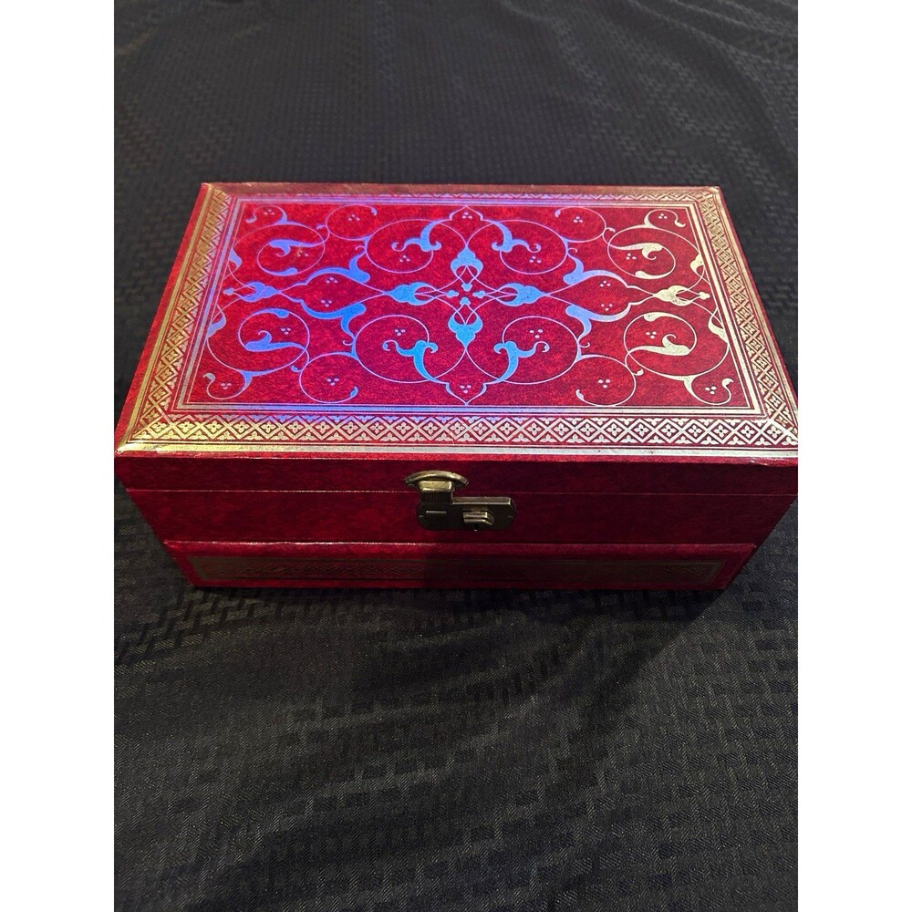 Vintage Mele Red Multi Tier Jewelry Box Storage Chest w Key Velvet Compartments